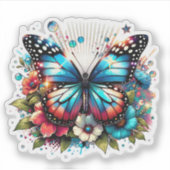 Blauwe vlinder en bloemen sticker (Voorkant)