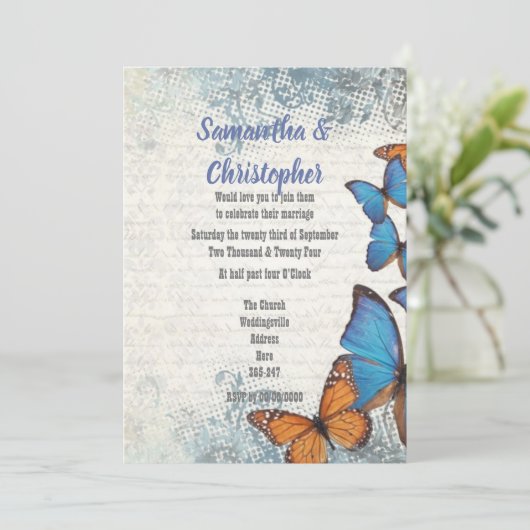 Blauwe Vlinder en Kant bruiloft Kaart (Staand voorkant)
