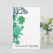 Blauwe vlinder en palmstructuurbenodigdheden briefpapier (Staand voorkant)