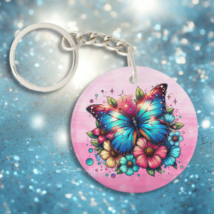 Blauwe vlinder en roze bloemen gepersonaliseerd sleutelhanger