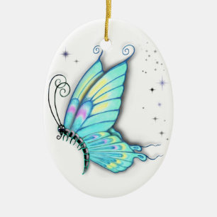 Blauwe vlinder en sterren keramisch ornament