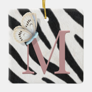 Blauwe vlinder en Zebra Roos monogram op maat Keramisch Ornament