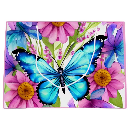 Blauwe vlinder in een gebied met bloemen groot cadeauzakje (Voorkant)