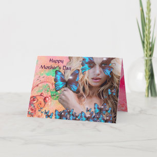 BLAUWE VLINDER IN ROZE GROEN GOUD GLINSTERING KAART