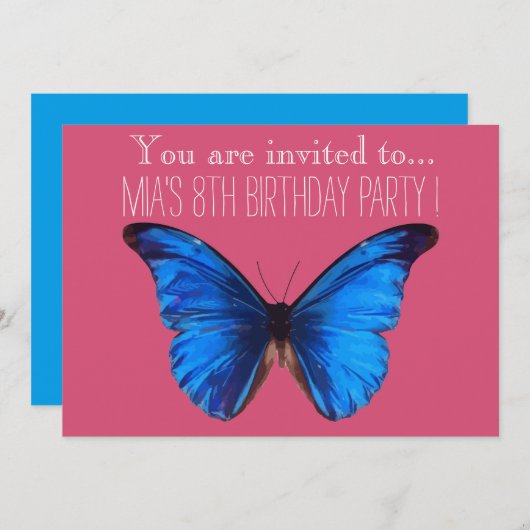 Blauwe vlinder meisje of tween verjaardagsfeestje kaart (Voorkant / Achterkant)