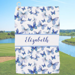 blauwe vlinder met aangepaste naam dames golfhanddoek