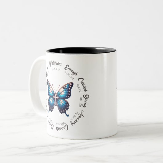 Blauwe vlinder met Bijbelverzen Mok (Voorkant links)