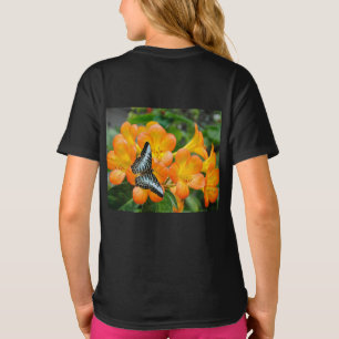 Blauwe vlinder met Tropisch Rhododendron T-shirt
