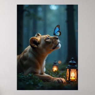 Blauwe vlinder op de neus van de leeuw in mystiek  poster