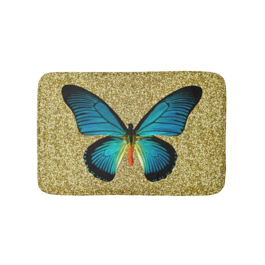 Blauwe vlinder op goudglitter bath mat (Voorkant)