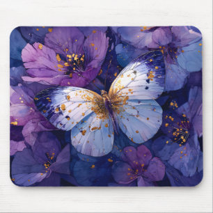 Blauwe Vlinder op Paarse Bloemen Muismat