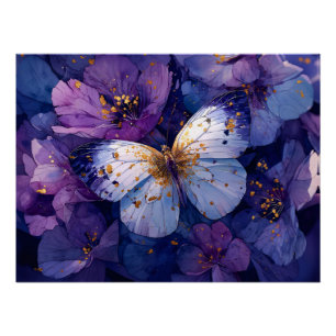 Blauwe Vlinder op Paarse Bloemen Perfect Poster