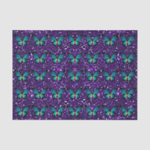 Blauwe vlinder op Paarse glitter tissue papier