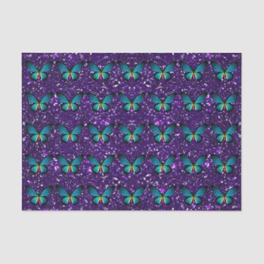 Blauwe vlinder op Paarse glitter tissue papier (Voorkant)