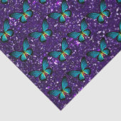 Blauwe vlinder op Paarse glitter tissue papier (Detail)