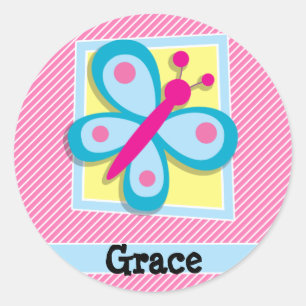 Blauwe vlinder op roze en witte strepen ronde sticker
