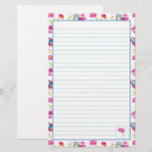 Blauwe Vlinder Roze Waterverf Bloemen Vol Briefpapier (Voorkant / Achterkant)