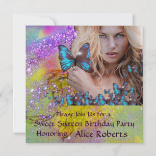 BLAUWE VLINDER SWEET 16 FEESTJE MONOGRAM, Champag Kaart