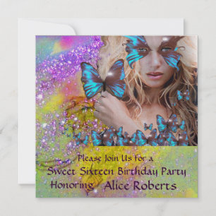 BLAUWE VLINDER SWEET 16 FEESTJE MONOGRAM, Champag Kaart