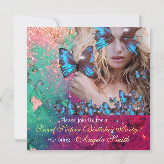 BLAUWE VLINDER SWEET 16 FEESTJE  MONOGRAM, GOUD KAART (Voorkant)