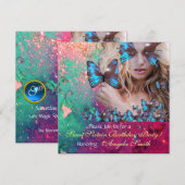 BLAUWE VLINDER SWEET 16 FEESTJE  MONOGRAM, GOUD KAART (Voorkant / Achterkant)