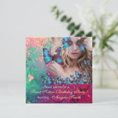 BLAUWE VLINDER SWEET 16 FEESTJE  MONOGRAM, GOUD KAART (Staand voorkant)