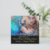 BLAUWE VLINDER SWEET 16 FEESTJE  MONOGRAM, GOUD KAART (Staand voorkant)