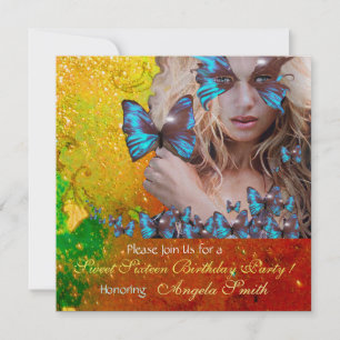 BLAUWE VLINDER SWEET 16 FEESTJE MONOGRAM, GOUD KAART