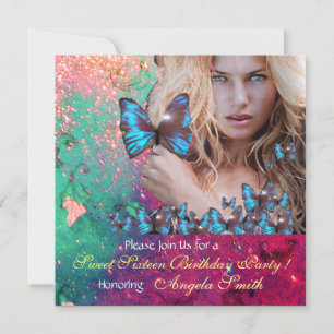 BLAUWE VLINDER SWEET 16 FEESTJE MONOGRAM KAART