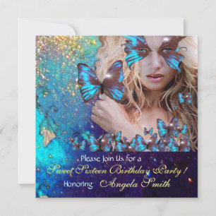 BLAUWE VLINDER SWEET 16 FEESTJE MONOGRAM KAART