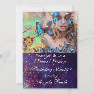 BLAUWE VLINDER SWEET 16 FEESTJE MONOGRAM, KAART