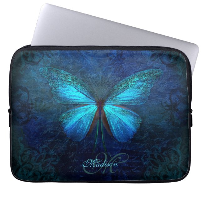 Blauwe vlinderhoes laptop sleeve (Voorkant)