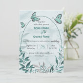 Blauwe vlinders bladeren bloemenbruiloft kaart (Staand voorkant)