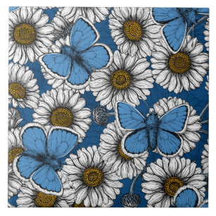 Blauwe vlinders en melkbloemen tegeltje