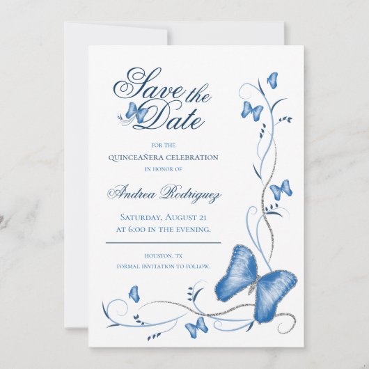 Blauwe vlinders en zwembroeken sparen de Datum Save The Date (Voorkant)