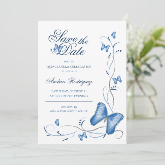 Blauwe vlinders en zwembroeken sparen de Datum Save The Date (Staand voorkant)