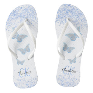 Blauwe vlinders glinsteren witte naam monogram teenslippers