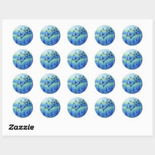 Blauwe Vlinders met Blauwe Bloemen, Ronde Sticker
