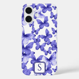 Blauwe Vlinders Modern Elegant Custom Monogram iPhone 16 Hoesje