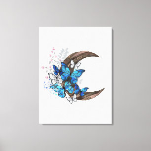 Blauwe vlinders op houten halve maan canvas afdruk