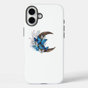 Blauwe vlinders op houten halve maan iPhone 16 plus hoesje