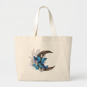Blauwe vlinders op houten halve maan grote tote bag