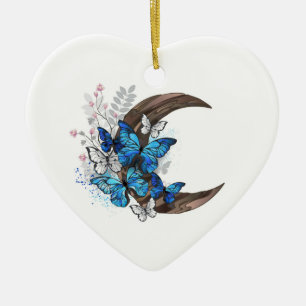 Blauwe vlinders op houten halve maan keramisch ornament