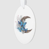 Blauwe vlinders op houten halve maan ornament (voorkant)