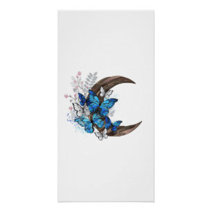 Blauwe vlinders op houten halve maan perfect poster