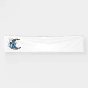 Blauwe vlinders op houten halve maan spandoek