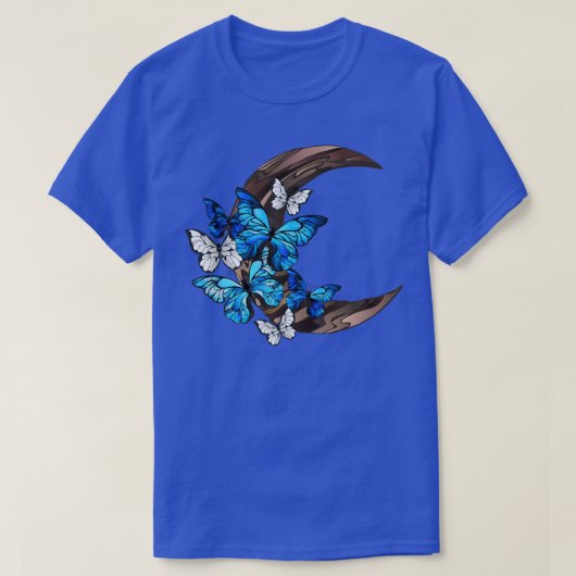 Blauwe vlinders op houten halve maan TShirt (Design voorkant)