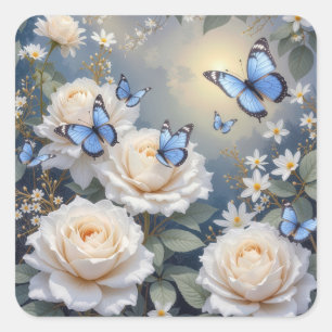 Blauwe Vlinders Op Witte Rozen en Madeliefjes Vierkante Sticker