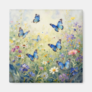Blauwe Vlinders Waterverf Wilde Bloemenweide Magneet