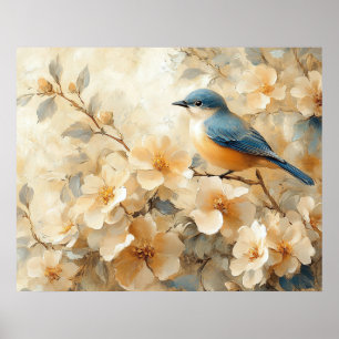 Blauwe Vogel Bloeiende Boom Schilderij Poster